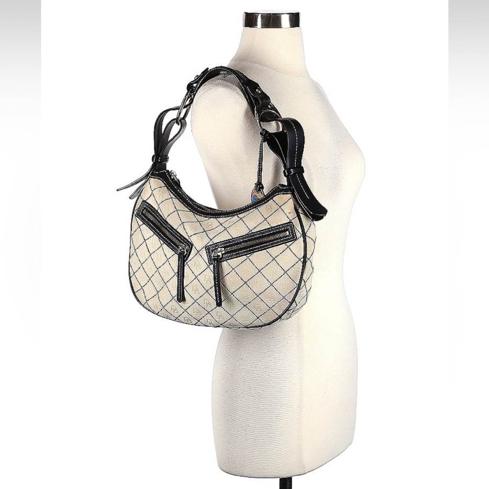 Dooney and Bourke Cream And Black Leather Monogram Hobo Handbag Vintage - Picture 2 of 6